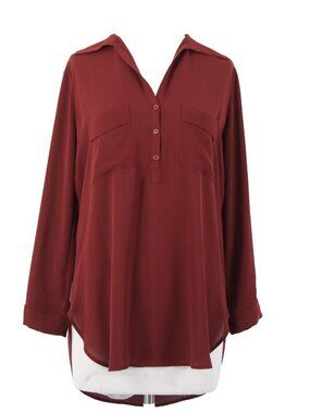 Pleione Top Sz XS Burgundy Red Collared Hi Lo Buttons 100% Polyester Top